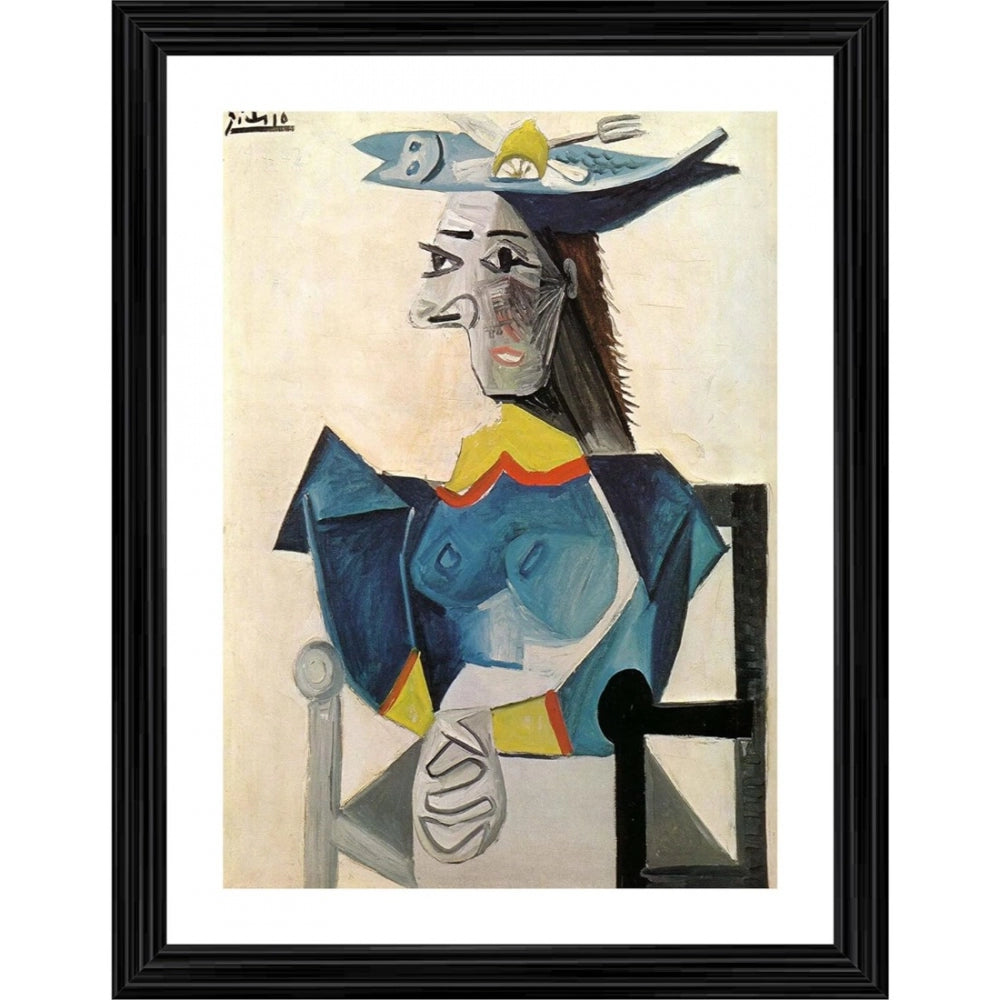 1942 painting of woman with fish hat, wood photo frame, various colors including blue, yellow, and green