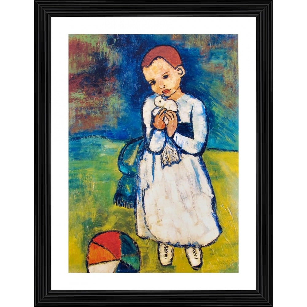 Blue, red and yellow background. Child in dress holding white bird. Pastel brushstrokes