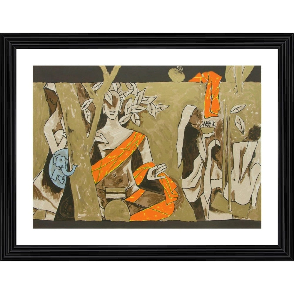 The painting depicts a Buddha statue with a figure at its feet, both set against the backdrop of a lush tree. The scene is rendered in multiple colors, and the art style appears reminiscent of woodblock prints