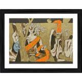 The painting depicts a Buddha statue with a figure at its feet, both set against the backdrop of a lush tree. The scene is rendered in multiple colors, and the art style appears reminiscent of woodblock prints