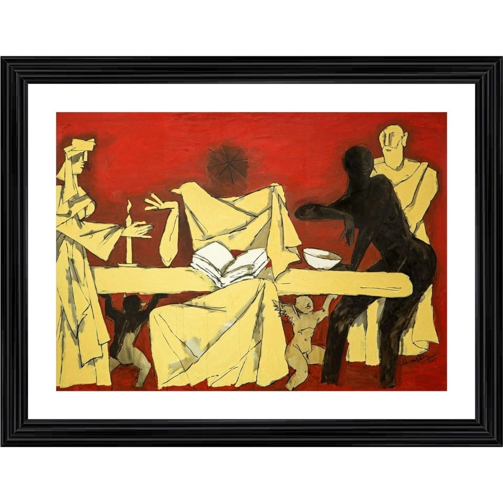 The painting is a reproduction of Leonardo da Vinci's famous artwork, rendered in oil on canvas within a wood photo frame, showcasing a group of people with an elongated figure at the center, engaging in what appears to be a meal or celebration scene, set against a warm hue background