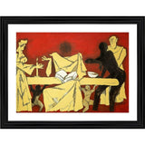 The painting is a reproduction of Leonardo da Vinci's famous artwork, rendered in oil on canvas within a wood photo frame, showcasing a group of people with an elongated figure at the center, engaging in what appears to be a meal or celebration scene, set against a warm hue background