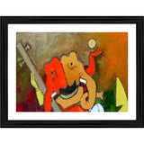 A colorful painting of a deity playing a veena in a photo frame