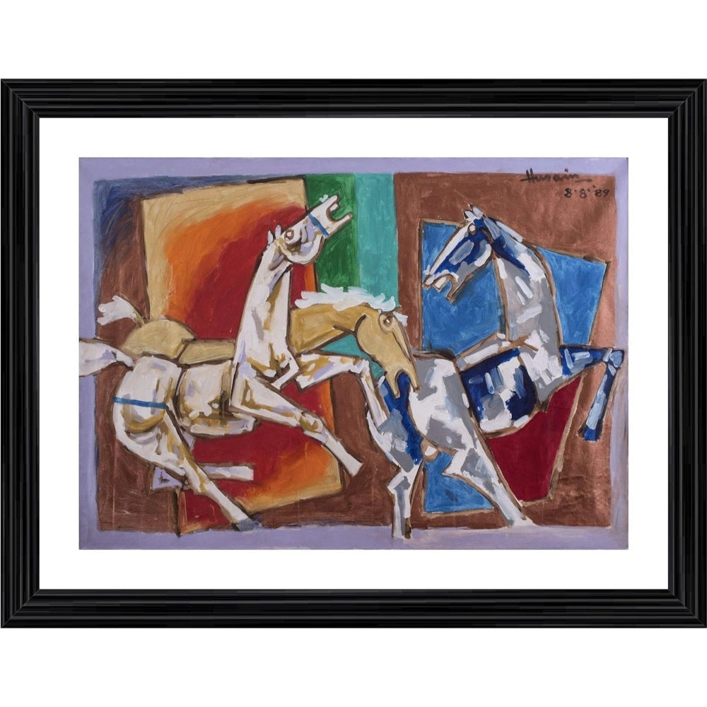 A multi-colored painting of two horses in a wooden photo frame, evoking bliss and joy