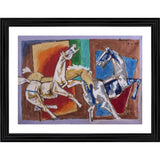 A multi-colored painting of two horses in a wooden photo frame, evoking bliss and joy