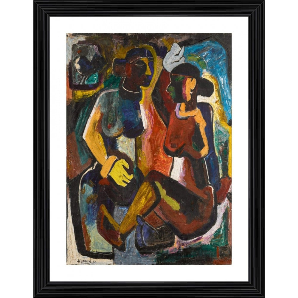 This is a framed painting depicting two figures; one female and one male. The woman appears to be seated and holds a basket on her lap, while the man stands behind her. The style suggests it may be from the mid-20th century