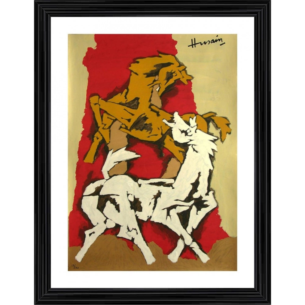 Multi-colored wood photo frame with two horse silhouettes