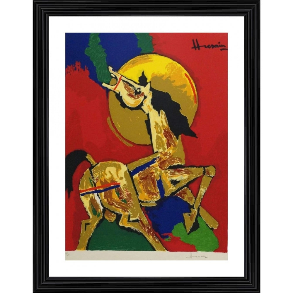 This image features a framed artwork of a horse, painted in a vibrant and multicolored style. The horse appears to be in motion or galloping, as indicated by its dynamic pose and the brush it holds. The painting is set against a yellow background with a subtle touch of red and blue accents around the edges. It's presented in a simple white photo frame, which is likely meant to showcase this colorful equestrian artwork