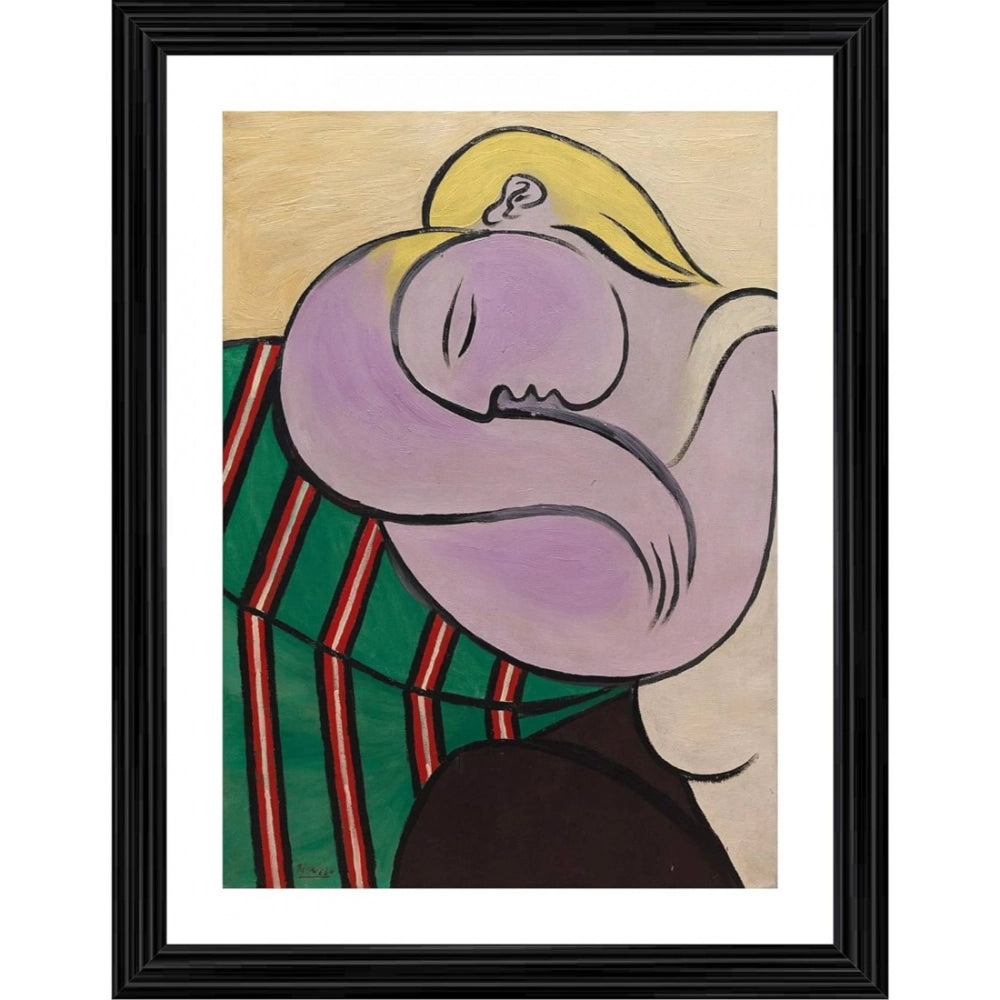 Multicolor wood framed painting of a woman with yellow hair (14x18"), lightweight wall mount for display