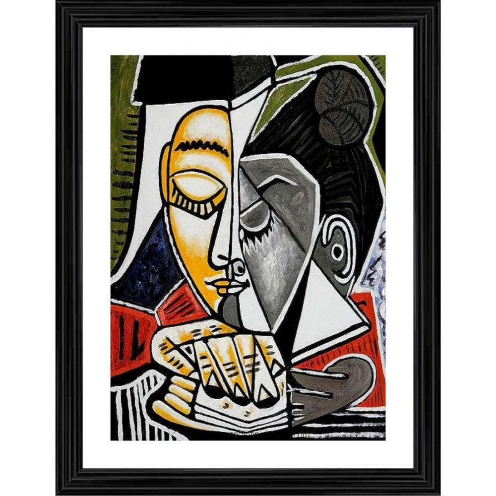 Artwork print of a painting depicting a woman with glasses reading a book, set within an abstract geometric frame