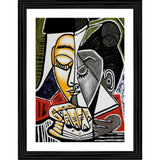 Artwork print of a painting depicting a woman with glasses reading a book, set within an abstract geometric frame