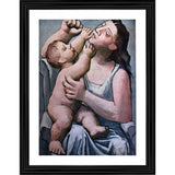 Black and white painting of a woman holding a baby in an art frame