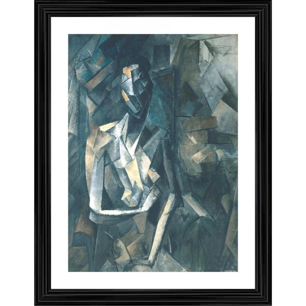 Multi-colored wood framed painting of a seated woman from 1923, lightweight for wall mounting, 14"x18