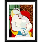 A classic, vintage, multicolor painting with a wood photo frame, reminiscent of the Art Deco style, capturing a tranquil scene
