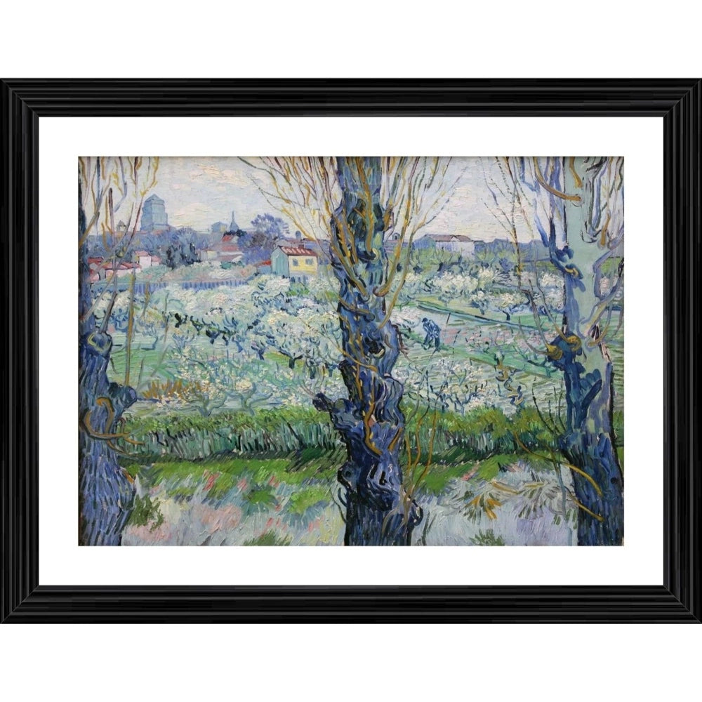 Multicolor wood framed View of Arles Flowering Orchards 1889 painting lightweight wall-mount photo frame, close-up detail