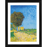 Multicolor painting frame resembling 'A Lane near Arles' by Vincent van Gogh, oil on canvas, features bright yellow flowers and cypress trees, with blue sky in background