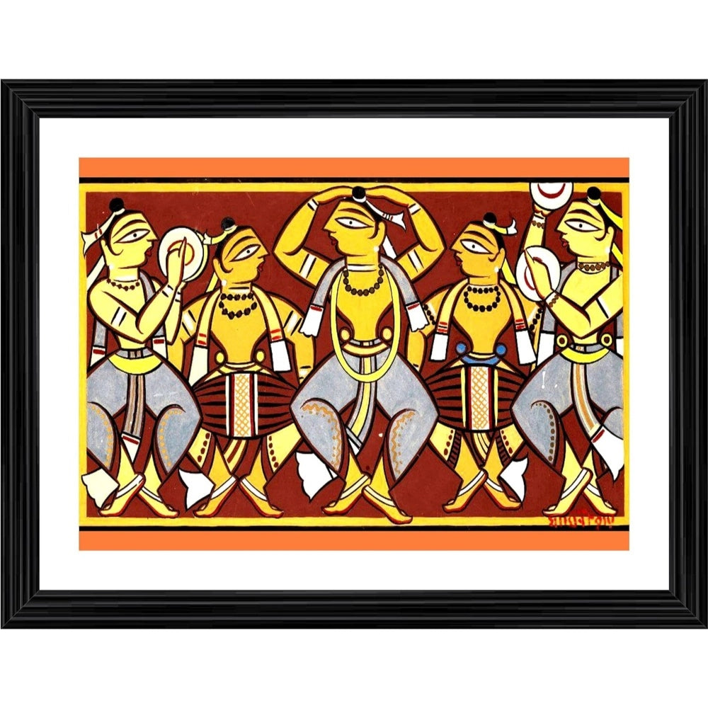 Multi-colored wood framed painting of a group of people dancing, celebrating