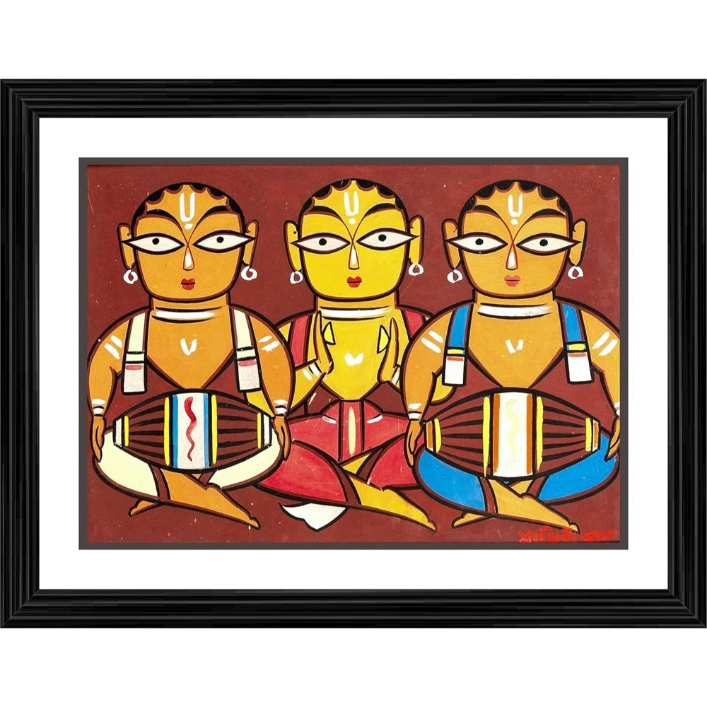 Multicolored artwork painting trio of musicians sitting on floor, holding different instruments