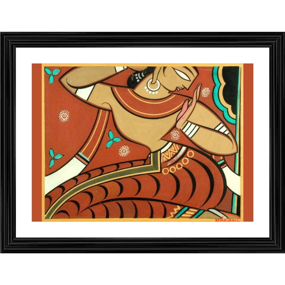 Woman painting with wood frame, multicolored frame with intricate designs