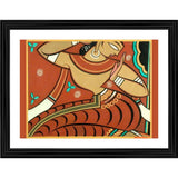 Woman painting with wood frame, multicolored frame with intricate designs