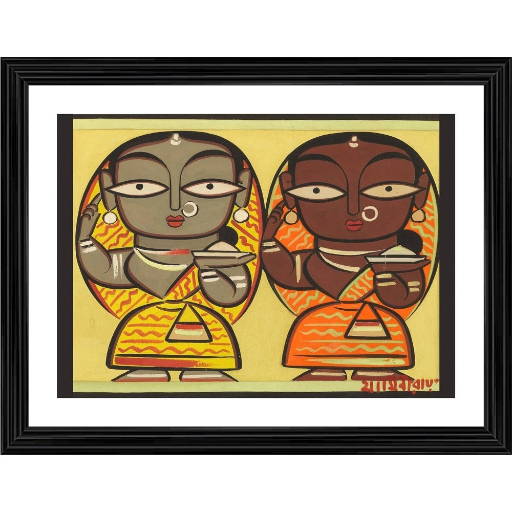Two Worshiping Women Painting With Wood Photo Frame (Multicolor) - GillKart