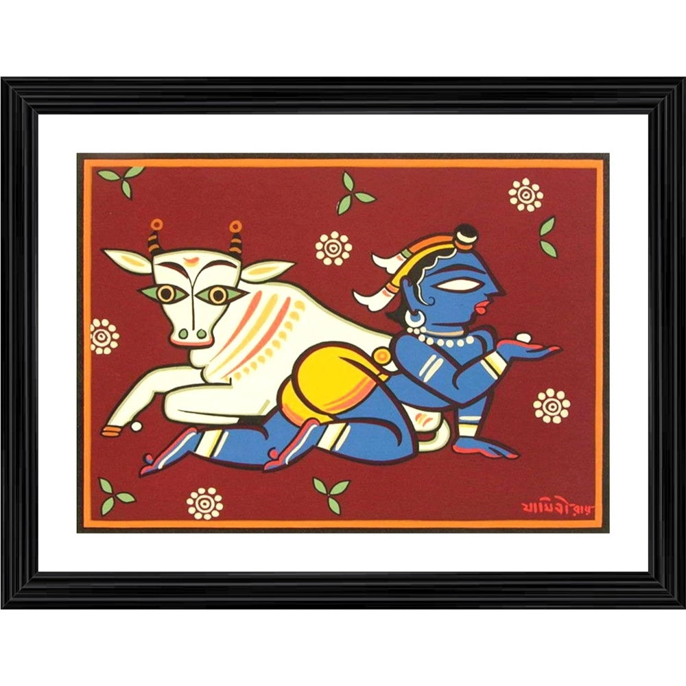 Colorful painting of Lord Krishna and a cow in a multicolored photo frame