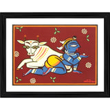 Colorful painting of Lord Krishna and a cow in a multicolored photo frame
