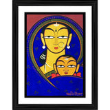 Multicolor painting of a woman and child in a traditional Indian style, within a wooden photo frame