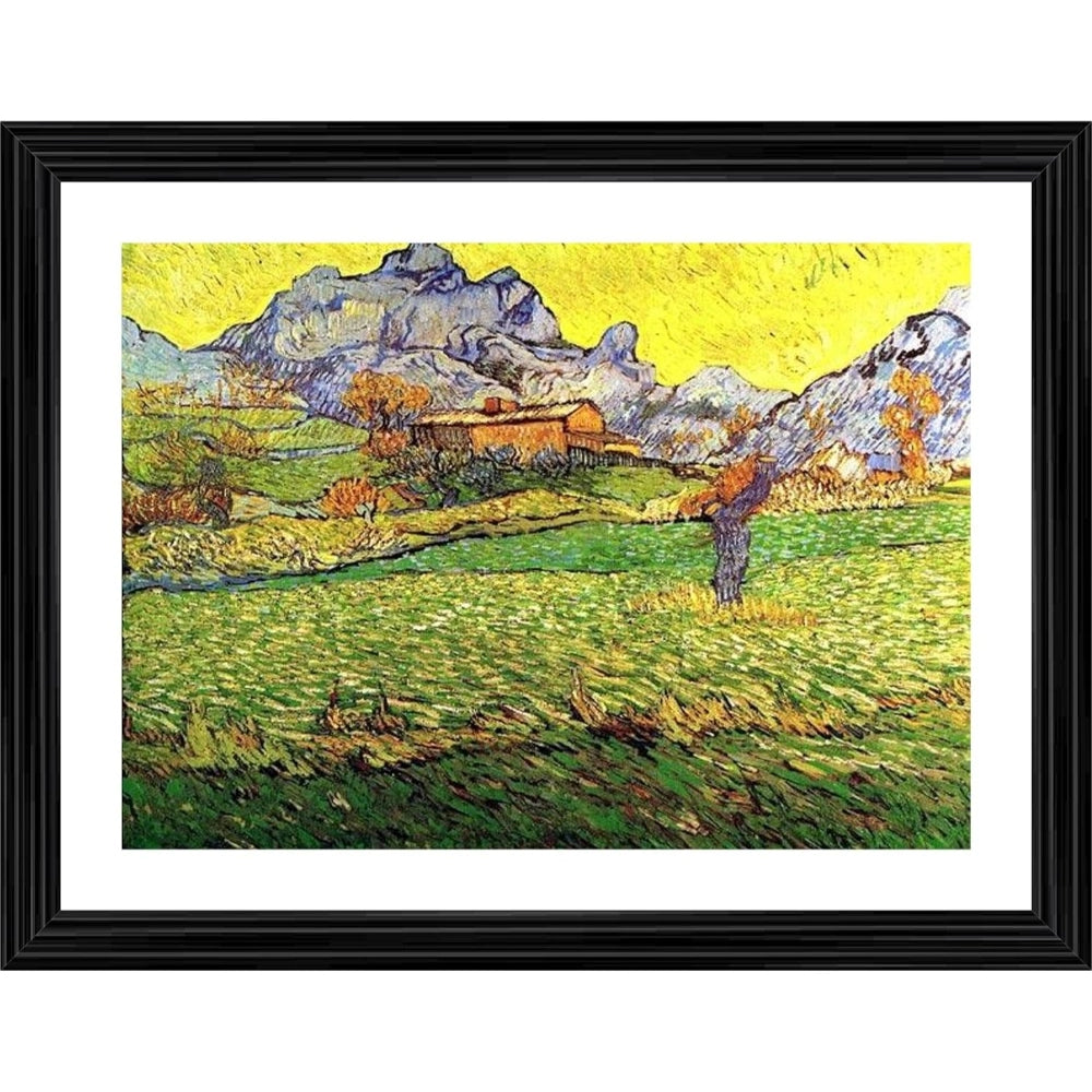 Meadow and mountain landscape oil painting, impressionist style, wood frame