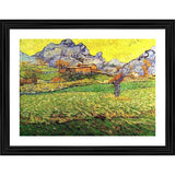 Meadow and mountain landscape oil painting, impressionist style, wood frame