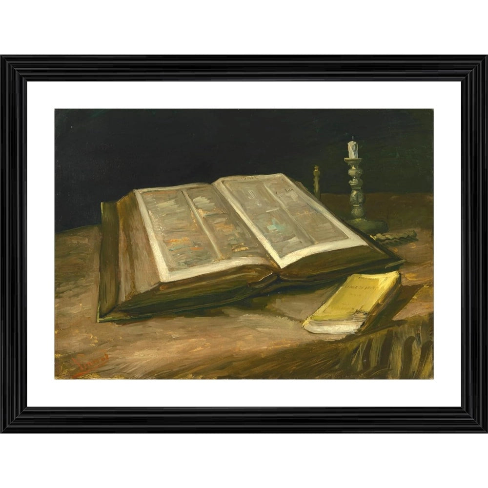 This image depicts a still life composition, showcasing a Bible resting on what appears to be an open book. The art style suggests an impressionistic influence, characterized by loose brushstrokes and a muted color palette. Visible in the frame is a single light source casting a soft glow over the objects