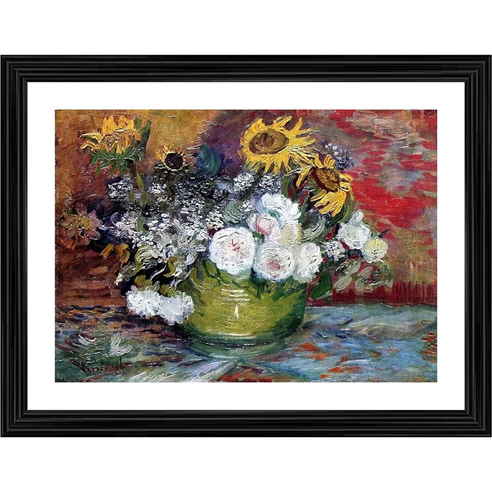 Multicolored painting of a bouquet, flowers include roses and sunflowers, wooden frame