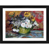 Multicolored painting of a bouquet, flowers include roses and sunflowers, wooden frame