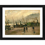 A beautiful painting of The De Ruijterkade in Amsterdam featuring boats, buildings, and a cityscape
