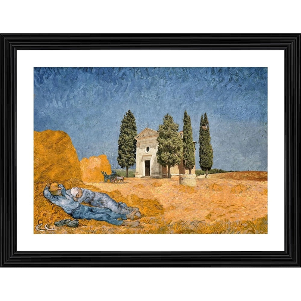 The image depicts a serene rural landscape with an old chapel, a man reclining in the foreground, and a couple seated on a bench in front of the chapel