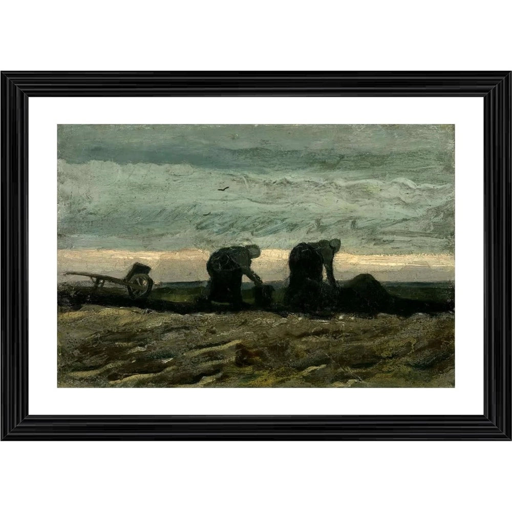 Vintage art print of a pastoral scene. Art style: impressionism. The painting depicts women working in a peat field, rendered with oil on canvas. The frame is crafted from reclaimed wood and painted in various earth tones. 16x24 inches. Perfect for fans of historical art or rustic decor
