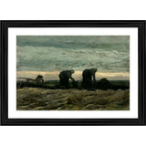 Vintage art print of a pastoral scene. Art style: impressionism. The painting depicts women working in a peat field, rendered with oil on canvas. The frame is crafted from reclaimed wood and painted in various earth tones. 16x24 inches. Perfect for fans of historical art or rustic decor