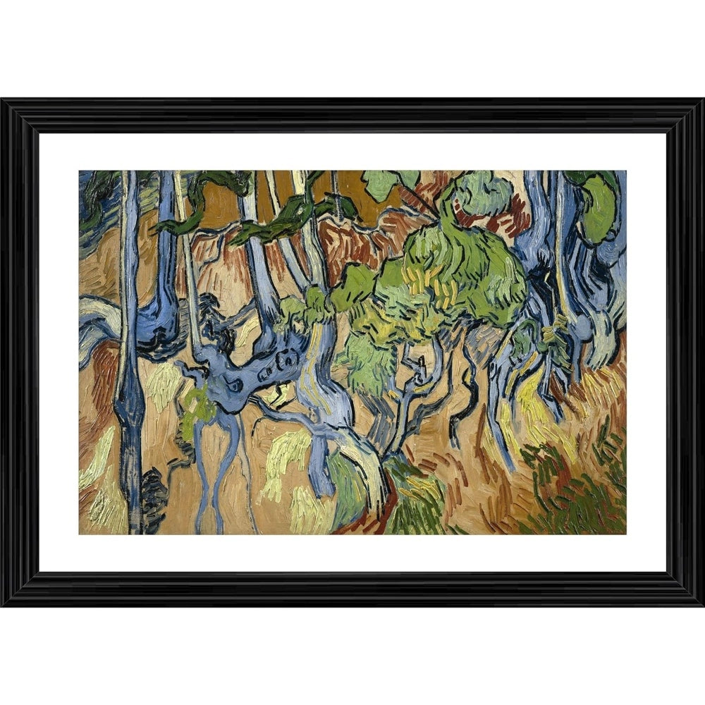 Multicolor painting of tree roots with a wooden photo frame, showcasing vibrant colors and fine brushstrokes
