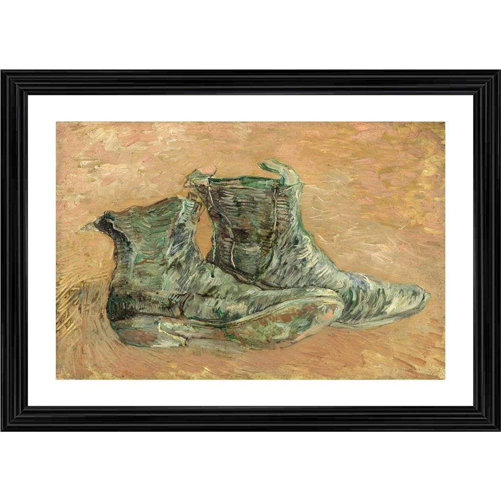 Multi-colored painting of a pair of antique shoes with detailed stitching, set in a wooden frame