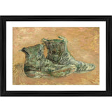 Multi-colored painting of a pair of antique shoes with detailed stitching, set in a wooden frame