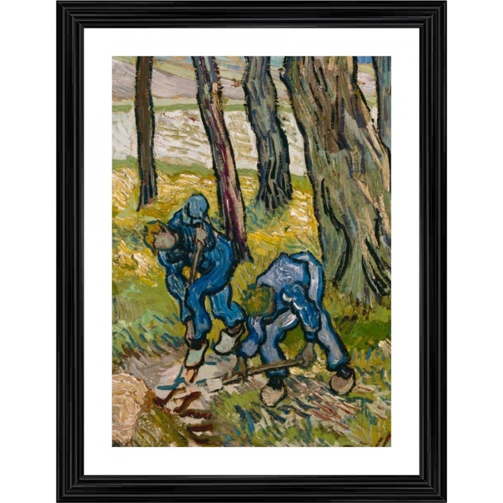 Multi-colored wood framed painting of "Two Diggers Among Trees" (1889), lightweight wall mount for home or office decor