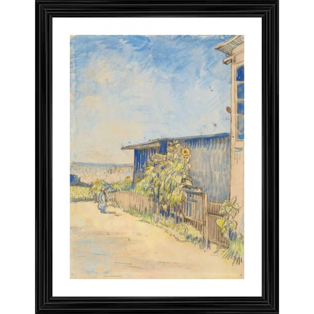 Multicolored painting with flowers, depicting a shed and sunflowers, in a wooden photo frame