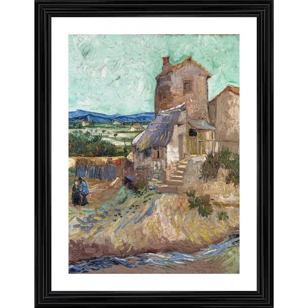 A painting of a rural scene, featuring an old mill and a farmhouse, within a wooden photo frame. The art style is impressionistic with a muted color palette, depicting the tranquil countryside at dawn