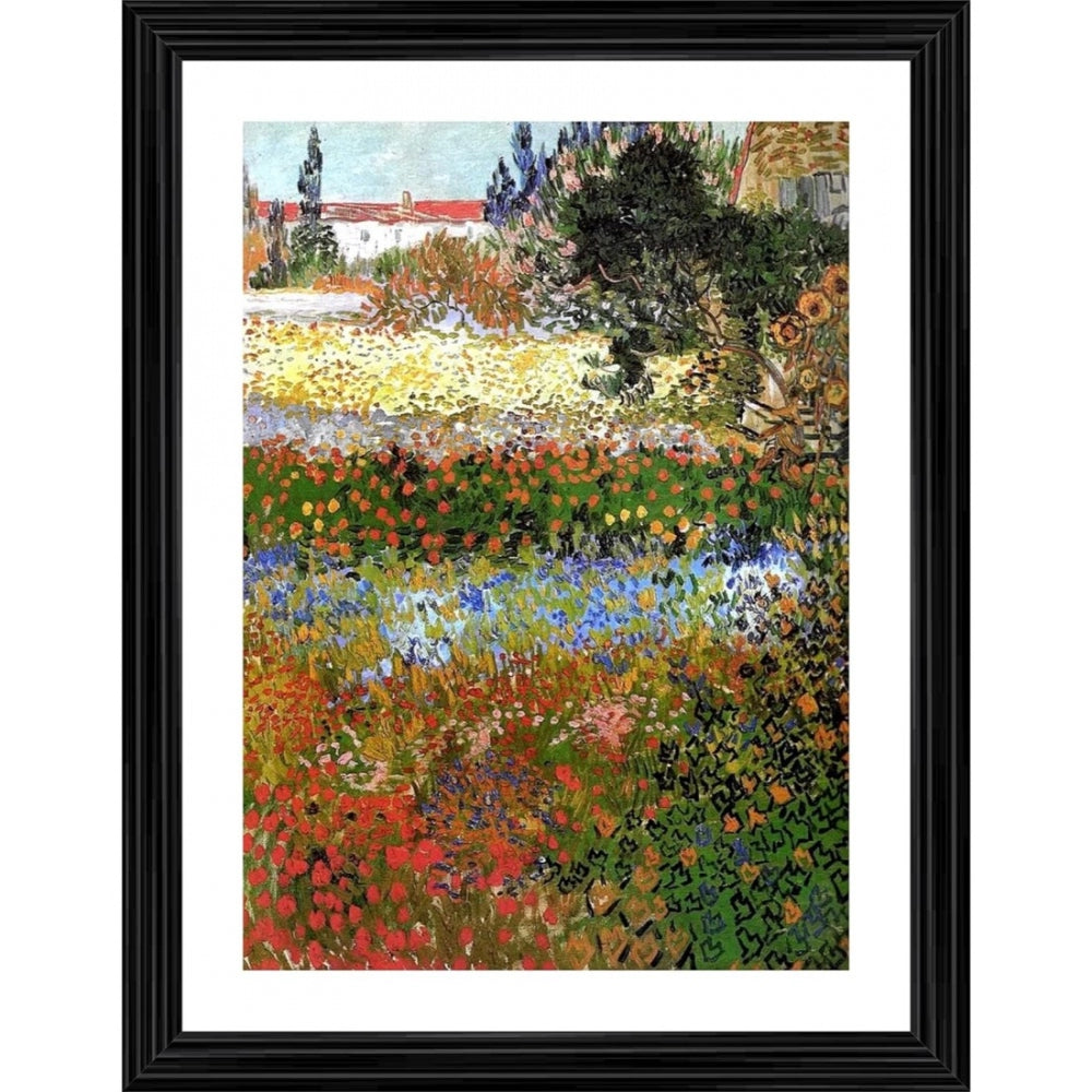 Colorful impressionistic painting, vibrant flowers, blue sky, landscape art