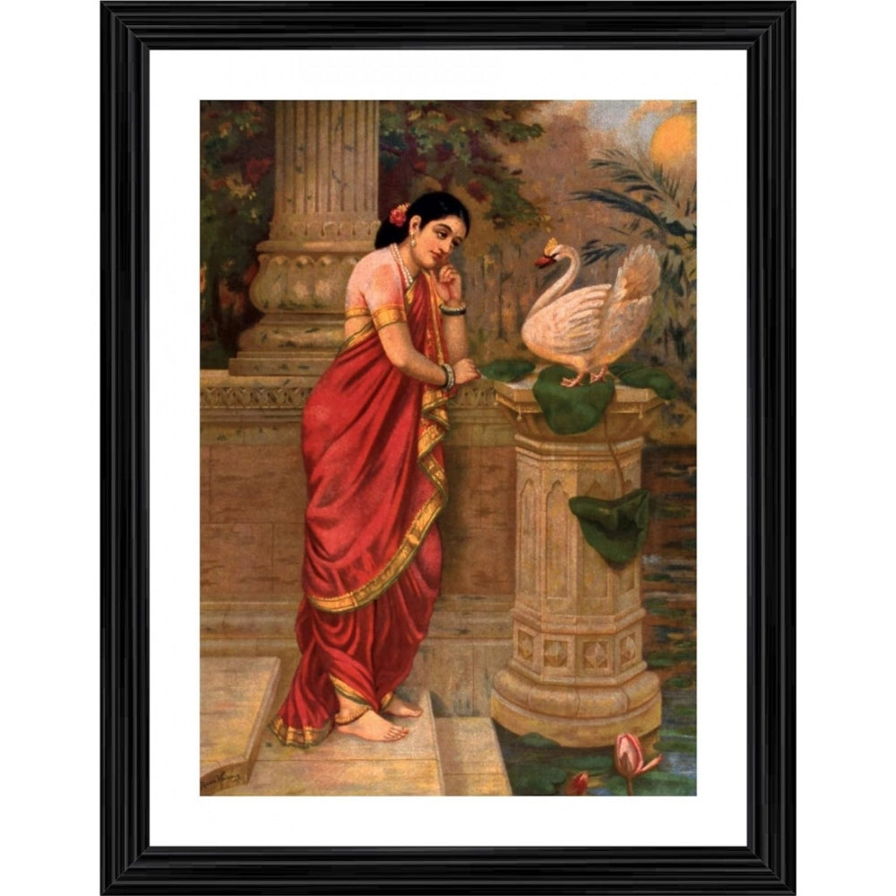 Vintage wood-bordered photo frame with multicolored Hansa Damayanti Swan Damayanti painting