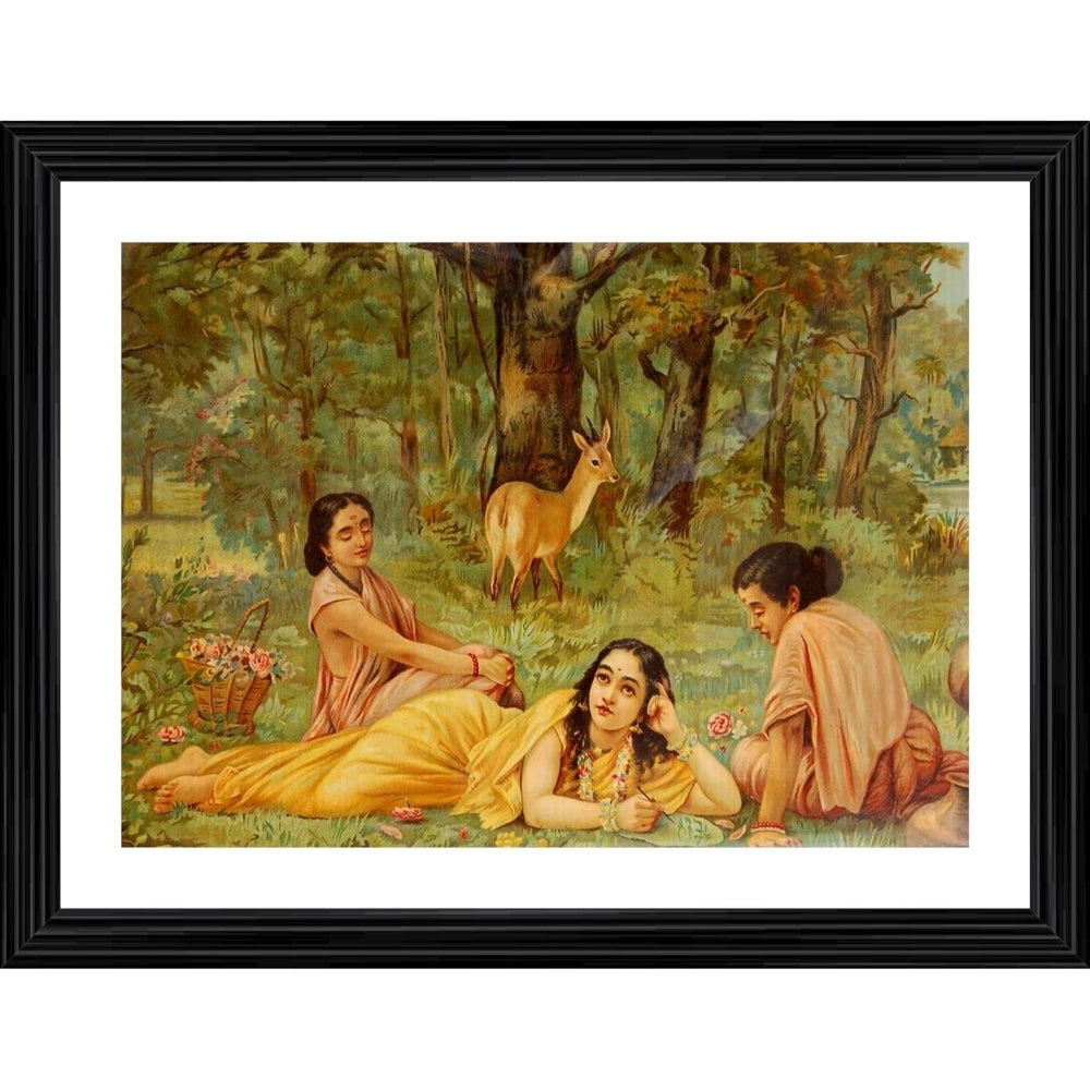 Framed vintage painting depicting three women in a garden, surrounded by trees and animals
