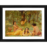Framed vintage painting depicting three women in a garden, surrounded by trees and animals