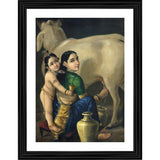 A framed, vintage painting depicting Yashoda and her son, Lord Krishna, in a tender moment. It is a 19th-century work with intricate detailing traditional attire. The frame showcases an antique style with wood elements, enhancing the artwork's timeless appeal