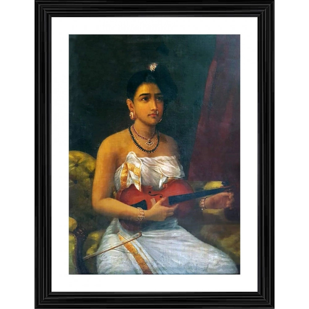 A young lady with violin, wearing a traditional dress in an old painting frame