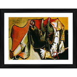 Black and red bull painting with wood frame in a multicolor style
